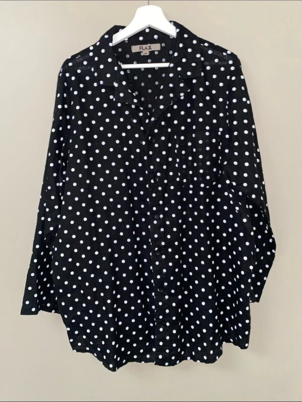 Flax Black and White Polka Dot Button-Down Linen Tunic Top Medium